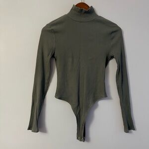 Forever 21 Olive Green Ribbed Mock Neck Long Sleeve Bodysuit